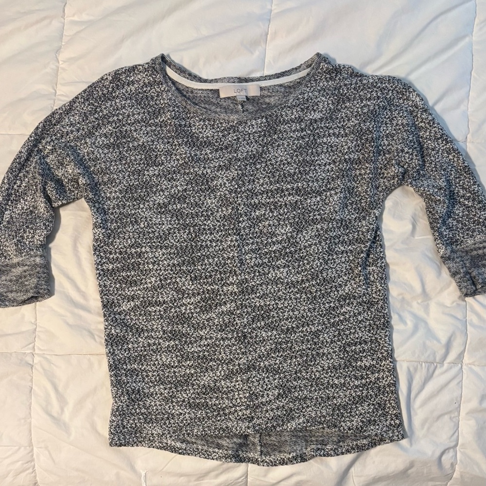 LOFT Black and White Crew Neck Sweater with Marled Texture